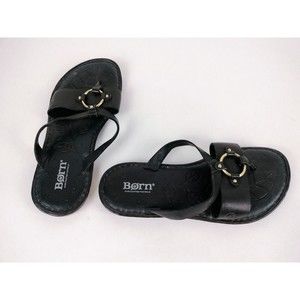 Born Women's Black Strappy Leather Flip Flop Thong Sandals D68303 Size 6M